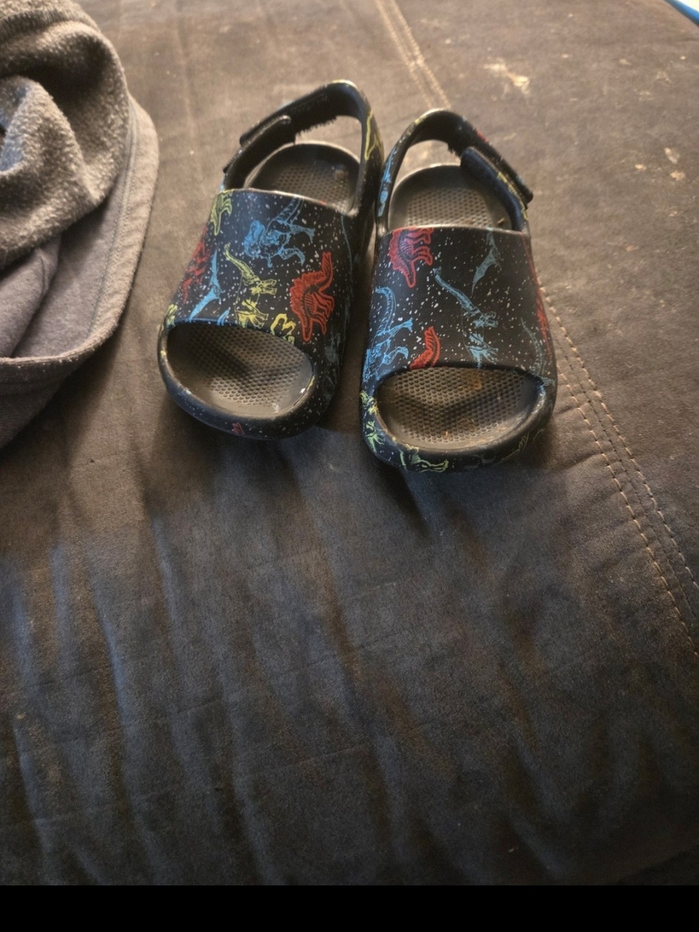Kids Black Dinosaur Print Adjustable Sandals